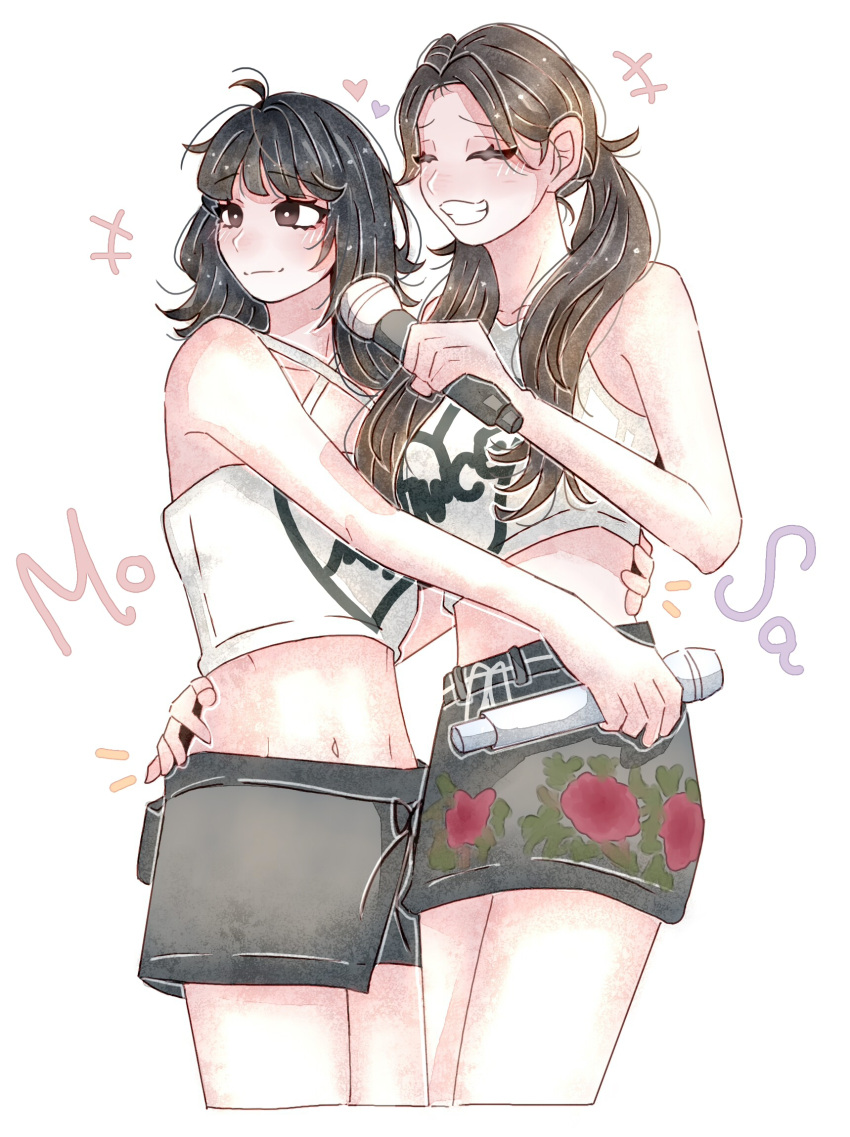 2girls 7_(milu577610) belt black_belt black_eyes black_hair black_skirt blush closed_eyes collarbone criss-cross_halter floral_print hair_behind_ear halter_shirt halterneck hand_on_another's_waist heart highres holding holding_microphone k-pop looking_to_the_side low_twintails microphone midriff momo_(twice) multiple_girls navel real_life sana_(twice) shirt skirt sleeveless sleeveless_shirt smile twice_(group) twintails white_background white_shirt