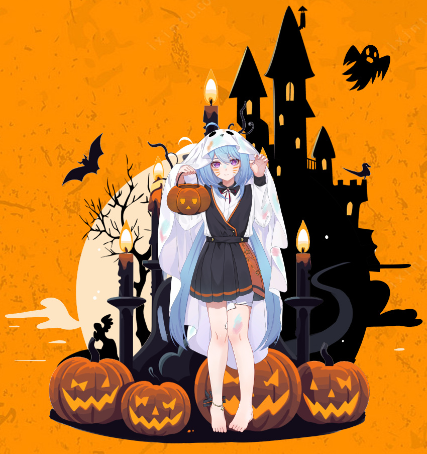 1girl absurdres ahoge alternate_costume animal anklet bandaged_leg bandages bare_tree barefoot bat_(animal) black_dress black_skirt blue_hair blush candle closed_mouth dress fire full_body ghost ghost_costume griseo halloween halloween_bucket halloween_costume happy_halloween highres holding honkai_(series) honkai_impact_3rd incredibly_absurdres jack-o'-lantern jewelry long_hair long_sleeves looking_at_viewer moon orange_background ouya_(pixiv_52685215) pleated_skirt pumpkin purple_eyes ribbon shirt skirt solo standing tree twintails very_long_hair white_shirt