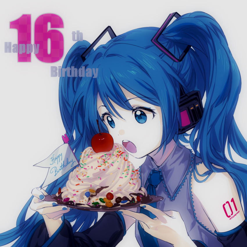 1girl :o balabling bare_shoulders black_sleeves blue_eyes blue_hair blue_nails blue_necktie cherry chocolate collared_shirt dessert detached_sleeves dot_nose flag food fruit hair_ornament hatsune_miku headset highres holding holding_plate long_hair long_sleeves m&amp;m's nail_polish necktie number_tattoo open_mouth plate shirt simple_background sleeveless sleeveless_shirt solo tattoo teeth twintails upper_body upper_teeth_only very_long_hair vocaloid whipped_cream white_background