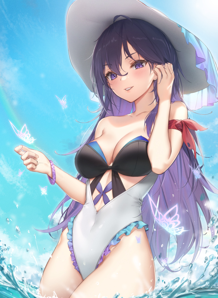 1girl absurdres ahoge arm_ribbon bare_shoulders breasts bug butterfly cleavage covered_navel cowboy_shot day frilled_one-piece_swimsuit frills grin hand_up hat highleg highleg_swimsuit highres honkai:_star_rail honkai_(series) long_hair looking_at_viewer medium_breasts one-piece_swimsuit outdoors purple_eyes purple_hair ribbon seele_(honkai:_star_rail) smile solo standing sun_hat swimsuit thighs wading wet.elephant white_headwear white_one-piece_swimsuit