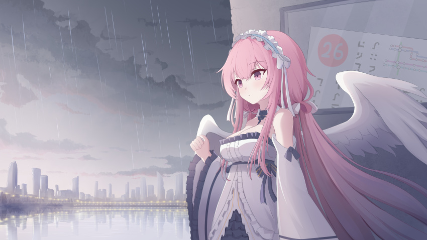 1girl absurdres angel_wings arm_at_side azur_lane bare_shoulders black_ribbon blue_hairband breasts building center_frills cityscape closed_mouth cloud cloudy_sky collar cowboy_shot detached_collar detached_sleeves dress expressionless frilled_dress frilled_hairband frills from_side grey_sky hair_between_eyes hair_ribbon hairband hand_up highres large_breasts long_hair long_sleeves looking_afar low_twintails nicknameokupied outdoors perseus_(azur_lane) pink_eyes pink_hair rain ribbon sidelocks sky skyline skyscraper solo standing straight_hair strapless strapless_dress twintails underbust very_long_hair water white_collar white_dress white_ribbon wide_sleeves wings