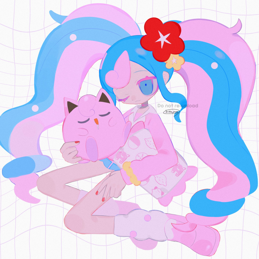 1girl :3 blue_eyes blue_hair blue_skirt carrying carrying_under_arm choker closed_mouth collared_shirt colored_eyelashes commentary_request distortion fairy_miku_(project_voltage) flower full_body grid_background hair_flower hair_ornament hatsune_miku heart heart_choker highres holding holding_pillow holding_pokemon jigglypuff long_hair looking_at_viewer miniskirt multicolored_hair one_eye_closed pillow pink_choker pink_footwear pink_hair pink_shirt pokemon pokemon_(creature) project_voltage red_flower red_nails shirt signature skirt smile solo two-tone_hair v very_long_hair vocaloid watermark white_leg_warmers yellow_flower yume_kawaii yxyx_ika