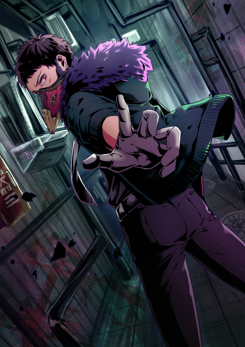 1boy absurdres belt black_pants blood blood_on_face boku_no_hero_academia brown_hair ear_piercing feather-trimmed_jacket feathers from_behind gloves green_jacket highres hood hooded_jacket jacket looking_back male_focus mask mouth_mask necktie overhaul_(boku_no_hero_academia) pants piercing plague_doctor_mask purple_feathers short_hair solo sumikawa_(awyk5243) very_short_hair white_belt white_gloves white_necktie yellow_eyes