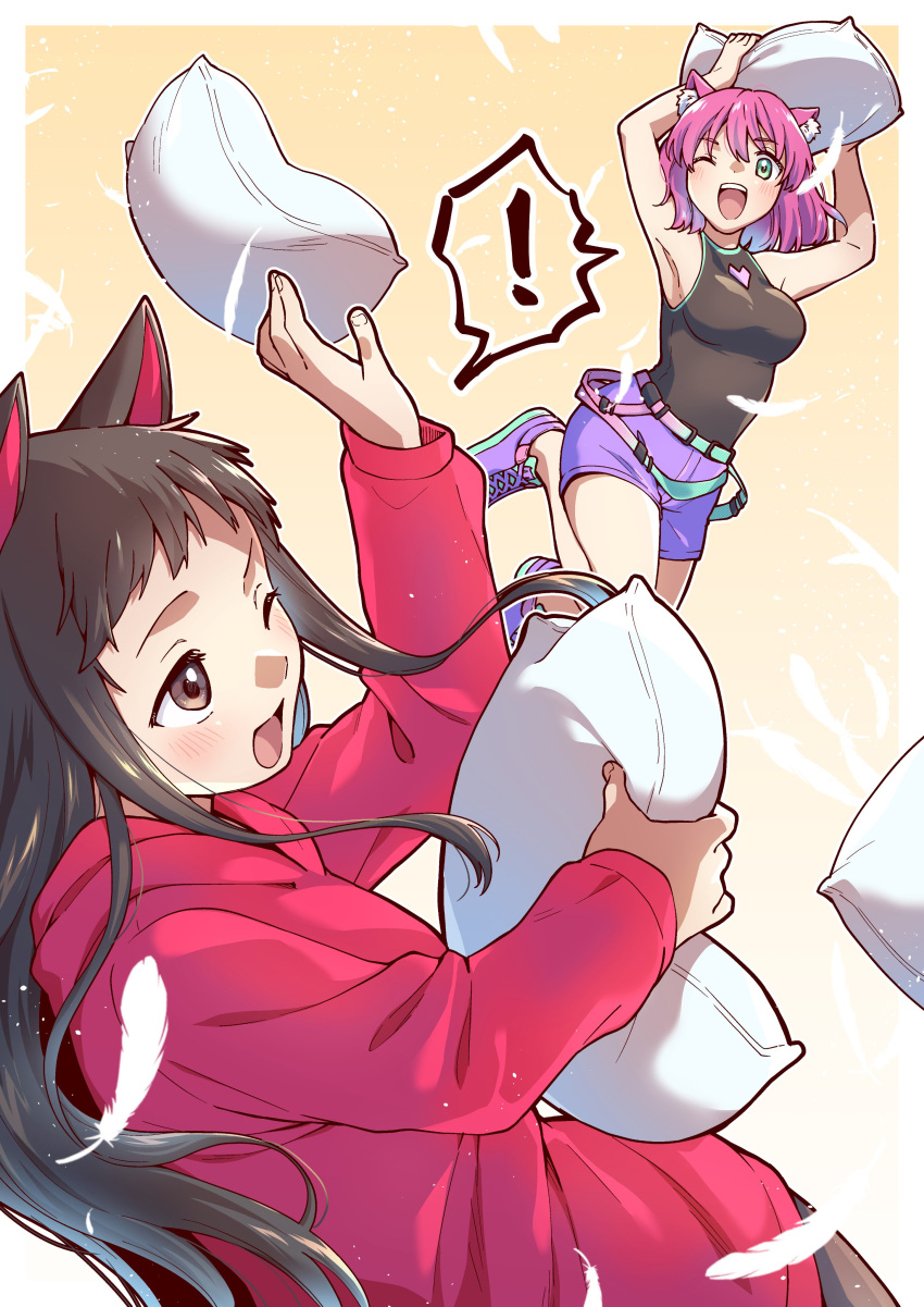 2girls ;d absurdres animal_ears armpits arms_up black_shirt border bra brown_hair cat_ears cat_girl commentary commission english_commentary feathers gradient_belt green_bra highres holding holding_pillow hood hoodie indie_virtual_youtuber long_hair long_sleeves megu_muu multiple_girls one_eye_closed open_mouth outside_border pillow pillow_fight pink_bra pink_hair purple_footwear purple_shorts red_hoodie rumi_(catgirl_vtuber) second-party_source shirt shoes short_hair shorts sidelocks skeb_commission sleeveless sleeveless_shirt smile sneakers taiki_(6240taiki) teeth underwear upper_teeth_only white_border