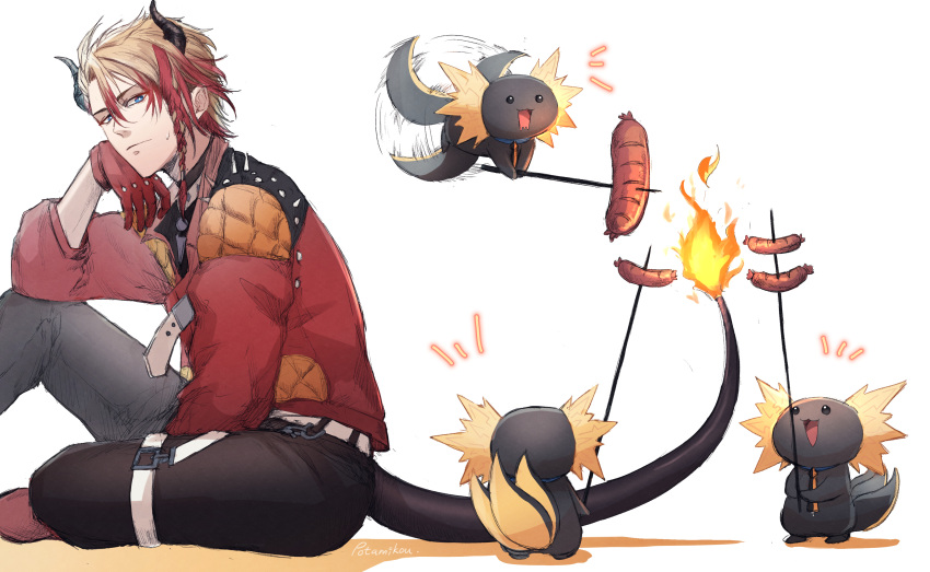 1boy absurdres artist_name axel_syrios axelotl_(axel_syrios) axolotl black_pants blonde_hair blue_eyes demon_horns english_commentary fiery_tail flying food gloves helicopter_tail highres holostars holostars_english horns jacket knee_up looking_at_animal looking_at_food male_focus multicolored_hair open_mouth pants potamikouu red_footwear red_gloves red_hair red_jacket roasting sausage shadow short_hair signature sitting sweatdrop tail two-tone_hair virtual_youtuber