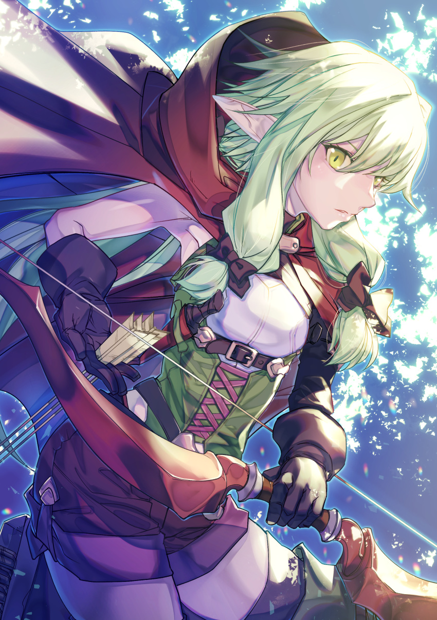 1girl absurdres aikura_chihiro arrow_(projectile) between_fingers bow breasts elf gloves goblin_slayer! green_eyes green_hair hair_between_eyes hair_bow high_elf_archer_(goblin_slayer!) highres holding holding_arrow long_hair pointy_ears short_shorts shorts sidelocks single_sleeve small_breasts solo thighhighs