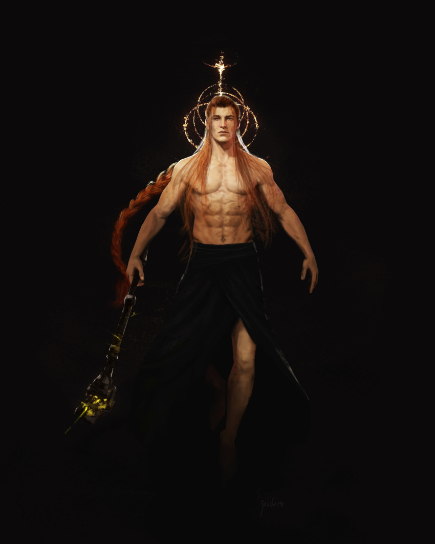 1boy absurdres black_background black_robe braid closed_mouth elden_ring elden_ring_(object) hammer highres holding holding_hammer holding_weapon long_hair looking_at_viewer qhuas radagon_of_the_golden_order red_hair robe simple_background single_braid solo topless_male weapon