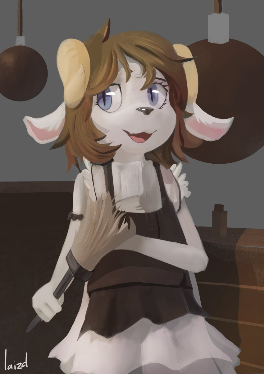 absurd_res anthro black_nose blue_eyes bovid brown_hair caprine cleaning_tool clothing detailed_background feather_duster fur furniture girly goat hair hi_res horn inside laizd maid_uniform male mammal milo_(twang) open_mouth signature smile solo uniform white_body white_fur