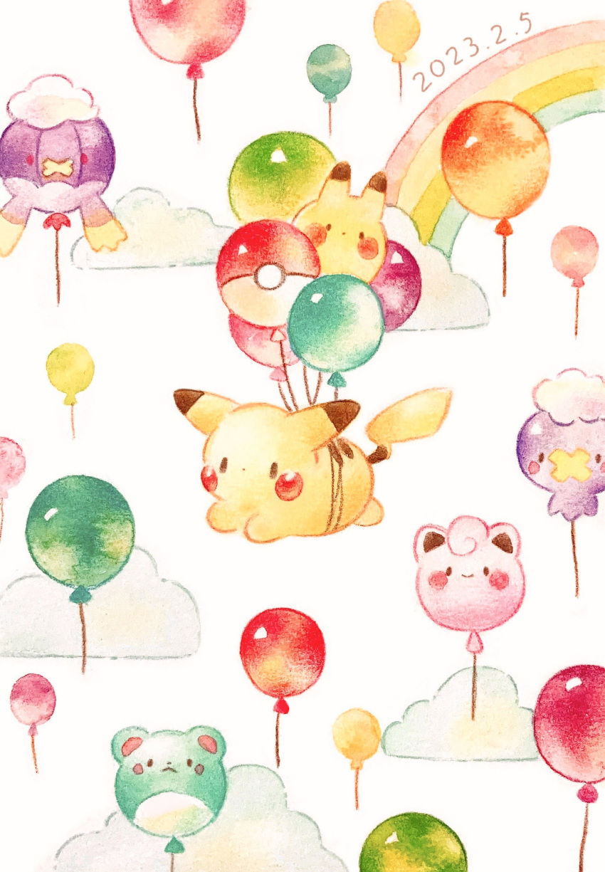 absurdres balloon character_balloon clefairy cloud colored_pencil_(medium) commentary_request dated drifblim drifloon english_commentary floating highres marill mixed-language_commentary painting_(medium) pikachu pikachu_day poke_ball_symbol pokemon pokemon_(creature) rainbow simple_background sky solid_oval_eyes traditional_media watercolor_(medium) white_background yukichi_0611