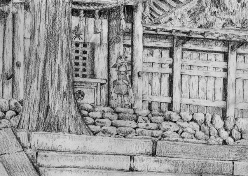 1girl absurdres architecture box detached_sleeves donation_box east_asian_architecture greyscale hair_between_eyes hat highres monochrome moriya_suwako outdoors pyonta ribbon-trimmed_thighhighs sakura_biamane shrine skirt solo standing torii touhou tree vest wide_sleeves