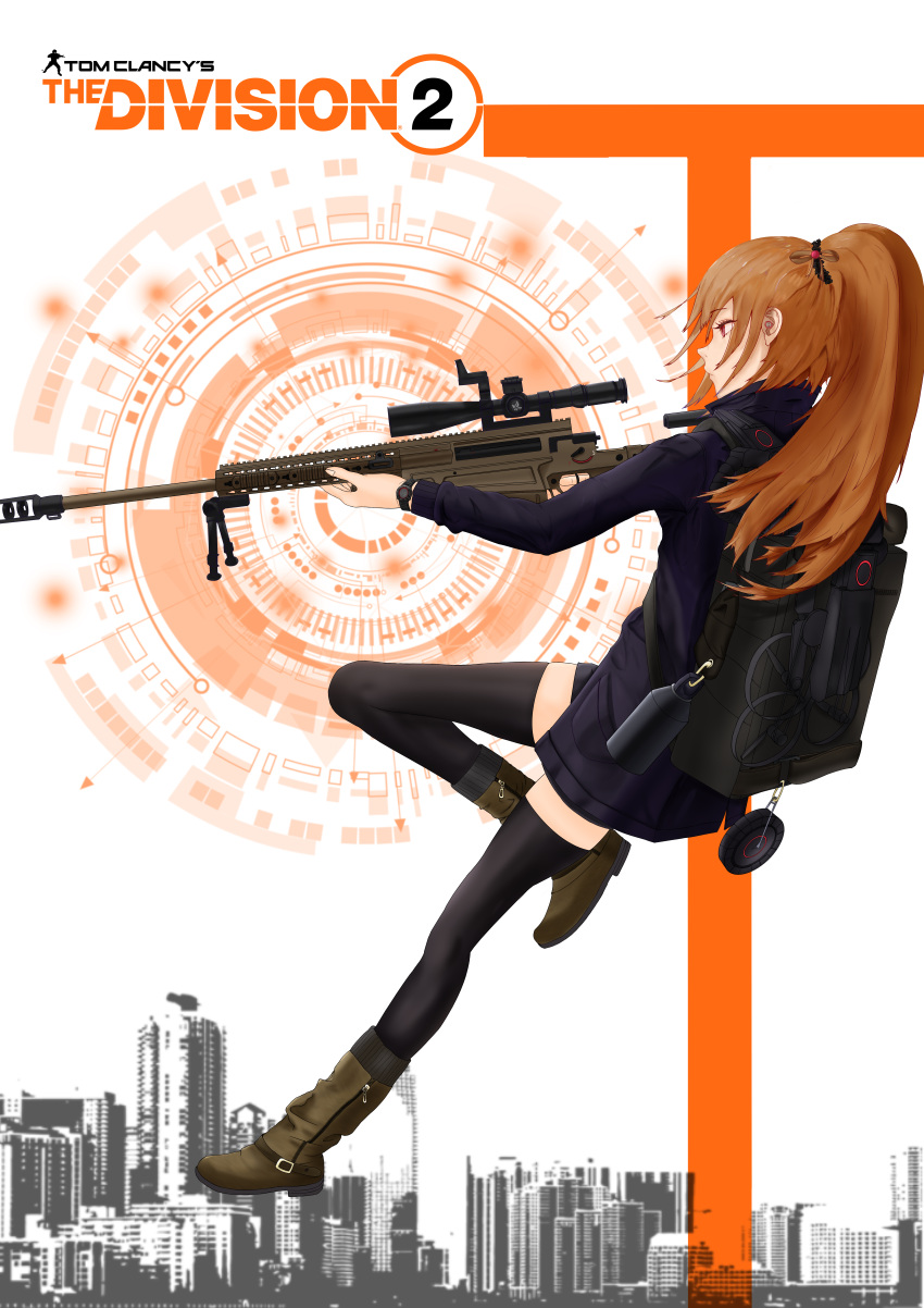 1girl absurdres ai_ax_rifle anti-materiel_rifle arrow_(symbol) backpack bag bipod black_bag black_footwear black_scrunchie black_thighhighs blue_jacket blue_shorts boots bottle brown_footwear brown_ribbon building chinese_commentary circle circular_border cityscape closed_mouth collared_jacket commentary_request copyright_name english_commentary from_side full_body gun hair_ornament hair_ribbon hair_scrunchie highres holding holding_gun holding_weapon jacket leaning_back leg_up logo long_sleeves looking_afar looking_to_the_side mengxin_v5 mixed-language_commentary multicolored_background muzzle_brake orange_background orange_hair original ponytail red_eyes ribbon rifle scope scrunchie shorts silhouette sniper_rifle solo thighhighs tom_clancy's_the_division_2 two-tone_footwear watch water_bottle weapon white_background wristwatch zipper zipper_footwear