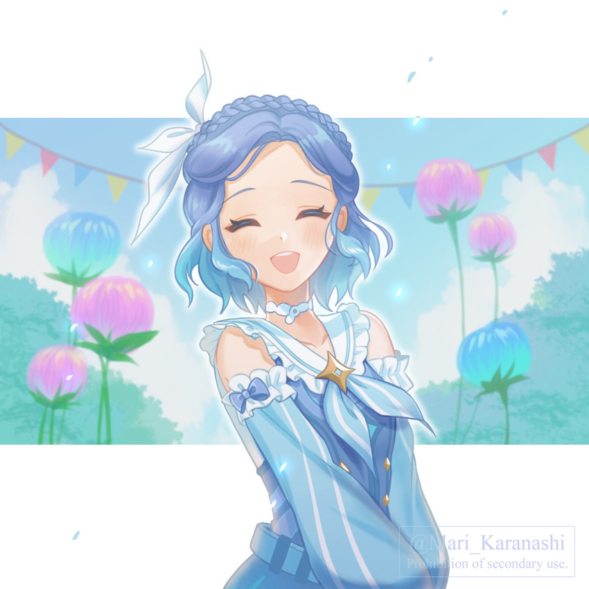 1girl :d ^_^ artist_name belt blue_belt blue_bow blue_flower blue_hair blue_ribbon blue_shirt blue_sky blue_sleeves blush bow braid buttons choker closed_eyes cloud commentary_request crown_braid day detached_sleeves eyelashes flower forehead frilled_sailor_collar frilled_sleeves frills genshin_impact gradient_hair hair_ornament hair_ribbon happy highres idyia_(genshin_impact) karanashi_mari long_sleeves multicolored_hair neck_ribbon open_mouth parted_bangs pink_flower plant puffy_detached_sleeves puffy_long_sleeves puffy_sleeves ribbon sailor_collar shirt short_hair sidelocks sky sleeveless sleeveless_shirt smile solo string_of_flags teeth tree twitter_username upper_body upper_teeth_only watermark white_background white_choker white_ribbon white_sailor_collar