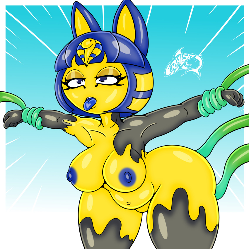 1:1 absurd_res animal_crossing ankha_(animal_crossing) anthro artist_logo cyan_background domestic_cat felid feline felis female green_tentacles hi_res latex latex_transformation logo mammal nintendo renegade-157 rubber sex simple_background solo tentacle_monster tentacle_sex tentacles transformation transformation_through_sex