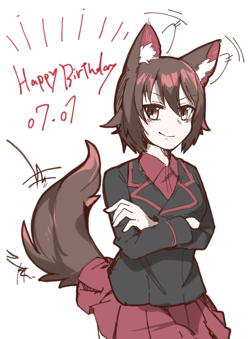 1girl afterimage animal_ears birthday black_headwear black_jacket brown_eyes brown_hair collared_shirt commentary cowboy_shot crossed_arms dated dog_ears dog_tail dress_shirt ear_wiggle english_text garrison_cap girls_und_panzer happy_birthday hasekura_(hachinochun) hat highres jacket kemonomimi_mode kuromorimine_military_uniform long_sleeves looking_at_viewer military_hat military_uniform miniskirt nishizumi_maho pleated_skirt red_shirt red_skirt shirt short_hair simple_background skirt solo standing tail tail_wagging uniform white_background