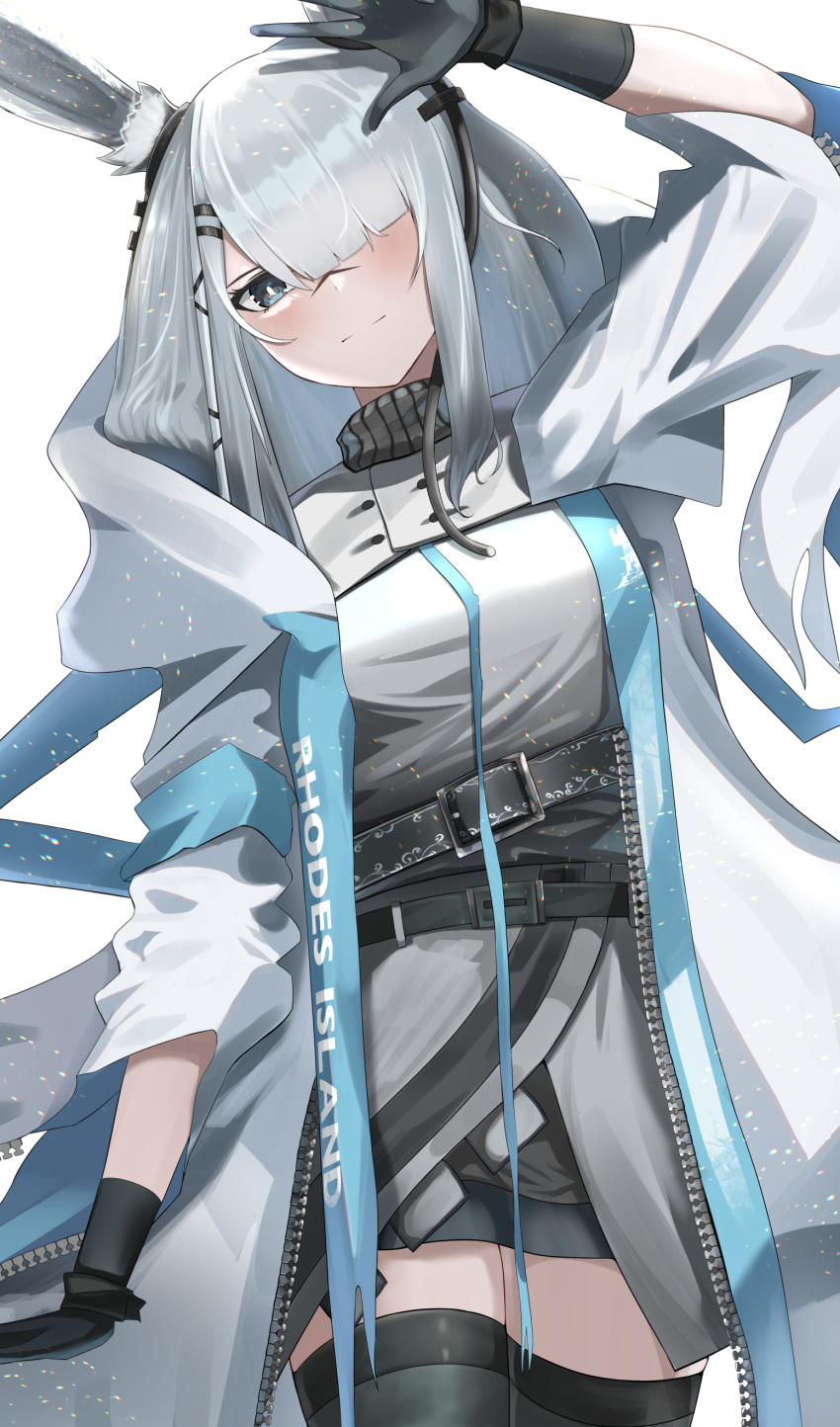 1girl absurdres arknights black_gloves black_thighhighs blush closed_mouth coat depayama_(depaty) frostnova_(arknights) gloves grey_eyes grey_hair hair_over_one_eye highres hooded_coat long_hair long_sleeves looking_at_viewer simple_background skirt snowing solo thighhighs white_background