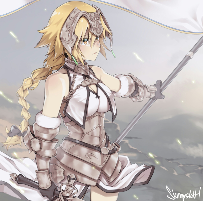 1girl armor armored_dress black_bow black_gloves blonde_hair bow braid breast_curtains breasts chain cleavage closed_mouth commentary couter cowboy_shot fate/apocrypha fate/grand_order fate_(series) faulds flag gloves hair_bow headpiece highres holding holding_flag holding_sword holding_weapon jeanne_d'arc_(fate) jeanne_d'arc_(ruler)_(fate) large_breasts long_braid long_hair looking_afar outdoors outstretched_arm plackart signature single_braid skinnysloth solo standard_bearer sword vambraces very_long_hair weapon yellow_eyes