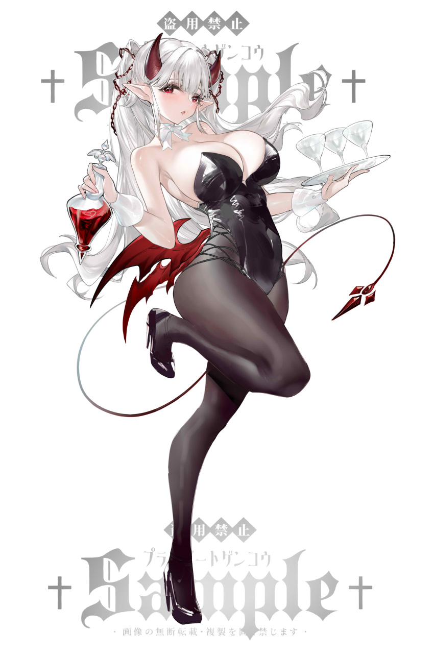 1girl absurdres ambiguous_red_liquid armpits black_footwear black_leotard black_pantyhose blush breasts cocktail_glass container cross-laced_leotard cross-laced_slit cup demon_girl demon_horns demon_wings drinking_glass full_body high_heels highleg highleg_leotard highres holding holding_tray horns horz large_breasts leotard looking_at_viewer mechanical_tail neck_ribbon original pantyhose parted_lips pointy_ears red_eyes red_horns red_wings ribbon sample_watermark solo strapless strapless_leotard tail tray white_hair white_ribbon white_wrist_cuffs wings