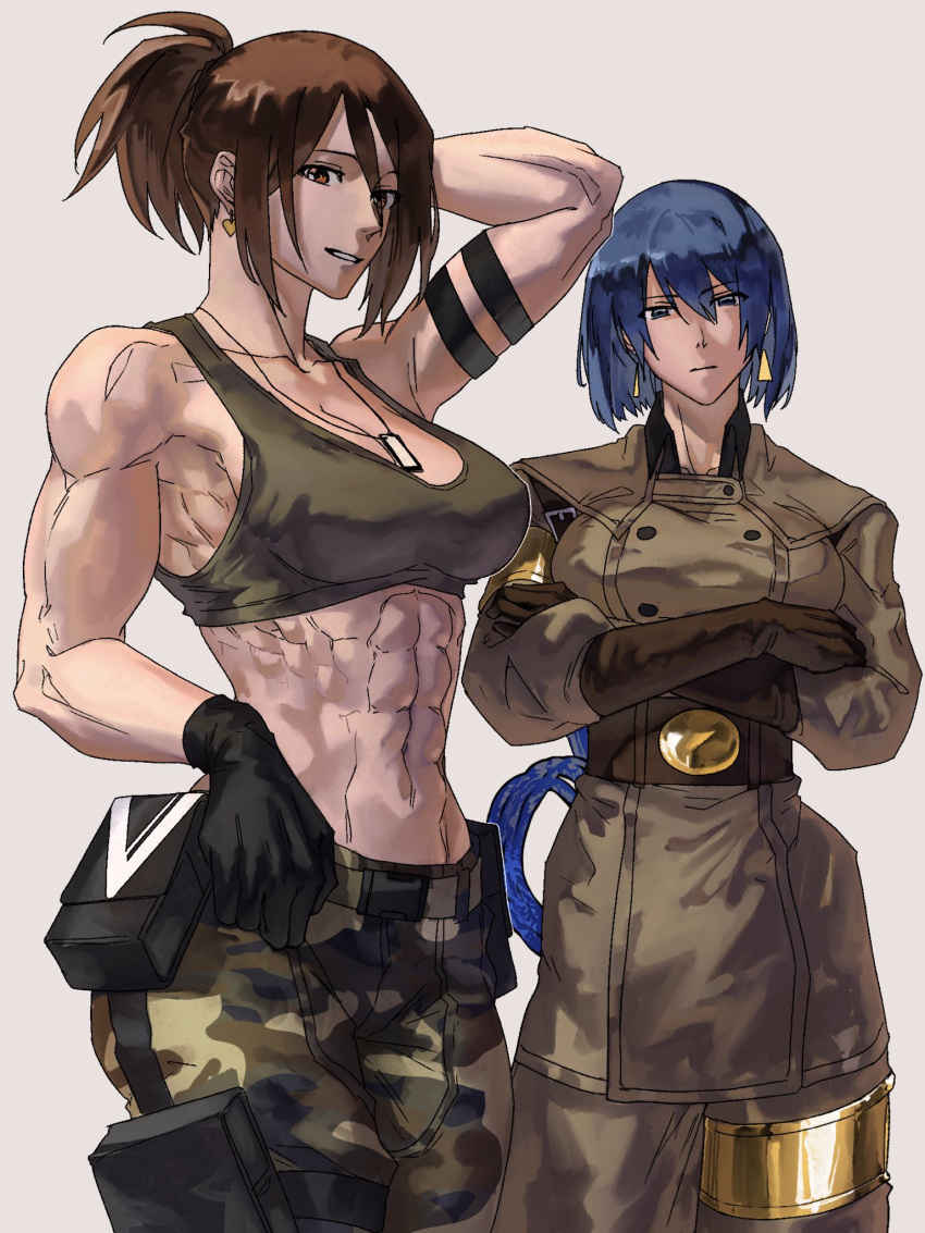 2girls abs blue_eyes blue_hair brown_eyes brown_hair buckle cosplay costume_switch earrings highres jewelry leona_heidern looking_at_viewer military_uniform multiple_girls muscular muscular_female ponytail shirt short_hair syachiiro t-shirt the_king_of_fighters uniform whip whip_(kof)