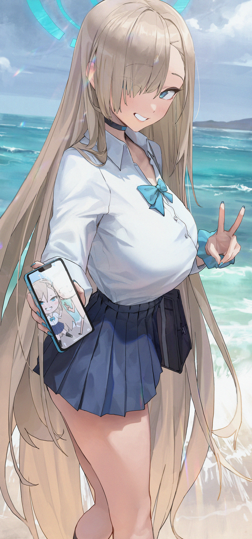1girl absurdres arona's_sensei_doodle_(blue_archive) asuna_(blue_archive) beach bingwei_huang blue_archive blue_bow blue_bowtie blue_choker blue_nails blue_scrunchie blue_skirt blue_sky bow bowtie breasts brown_hair cellphone choker cloud day eyes_visible_through_hair fingernails hair_over_one_eye halo highres holding holding_phone large_breasts long_hair long_sleeves looking_at_viewer nail_polish ocean outdoors phone pleated_skirt scrunchie sensei_(blue_archive) shirt skirt sky solo v very_long_hair white_shirt wrist_scrunchie