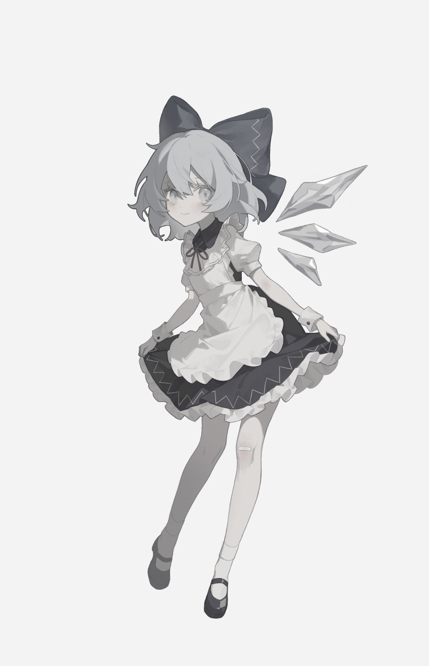 1girl absurdres apron black_dress black_footwear blue_bow blue_eyes blue_hair bow cirno closed_mouth detached_wings dress fairy frilled_apron frills full_body grey_background hair_between_eyes hair_bow highres ice ice_wings looking_at_viewer puffy_short_sleeves puffy_sleeves rcs_4 shoes short_hair short_sleeves simple_background smile socks solo touhou white_apron white_socks wings wrist_cuffs