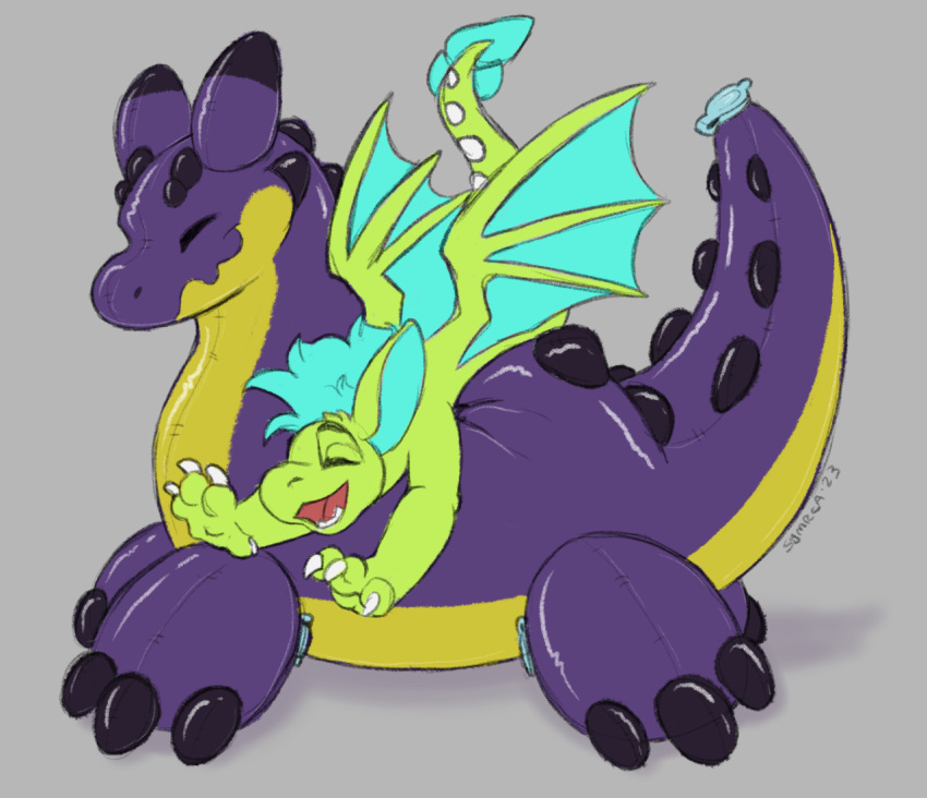 animate_inanimate dragon duo eyes_closed green_body inanimate_animate inflatable living_inflatable mane membrane_(anatomy) membranous_wings open_mouth pool_toy purple_body symrea wings