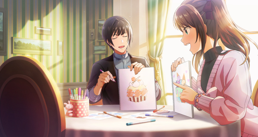 2boys black_hair bracelet brown_hair buttons chair closed_eyes curtains drawing fingernails highres holding holding_marker idolmaster idolmaster_side-m idolmaster_side-m_growing_stars jewelry lower_teeth_only male_focus marker mizushima_saki mole mole_under_mouth multiple_boys official_art open_mouth otoko_no_ko paper picture_frame shinonome_soichiro sitting sunlight teeth twintails upper_teeth_only window