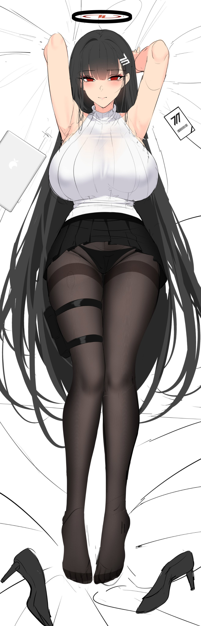 1girl absurdres black_hair blue_archive breasts chixiao hair_ornament hairclip halo high_heels highres large_breasts legs long_hair looking_at_viewer lying miniskirt on_back panties pantyhose red_eyes rio_(blue_archive) skirt solo thigh_strap thighs underwear very_long_hair