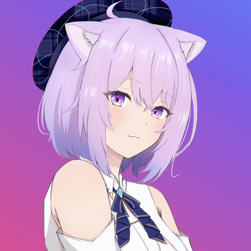1girl :3 ahoge animal_ears ascot bare_shoulders beret blue_ascot blue_headwear blue_journey_(hololive) blush cat_ears chromatic_aberration closed_mouth clothing_cutout commentary crossed_bangs double-parted_bangs english_commentary gradient_background hair_between_eyes hat highres hiiragi_satsuki hololive looking_at_viewer nekomata_okayu official_alternate_costume plaid_headwear purple_eyes purple_hair shirt short_hair shoulder_cutout smile solo virtual_youtuber white_shirt