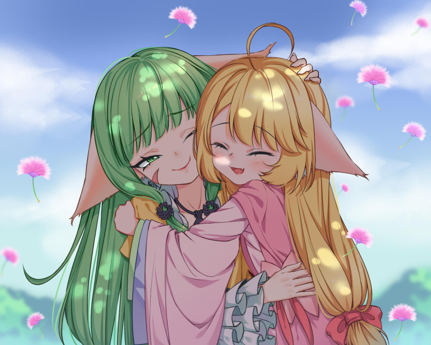 2girls ;) absurdres ahoge animal_ears blonde_hair blue_sky blurry blurry_background blush chinese_clothes closed_eyes cloud dappled_sunlight dress ears_down facial_mark fang fox_ears frilled_sleeves frills green_eyes green_hair hand_on_another's_head hand_on_another's_shoulder hanfu headpat highres hug huyao_xiao_hongniang kumu_zaisheng long_hair long_sleeves low-tied_long_hair mountain multiple_girls one_eye_closed open_mouth pink_dress shade siblings sisters skin_fang sky smile sunlight tree_shade tushan_rongrong tushan_susu upper_body very_long_hair wide_sleeves