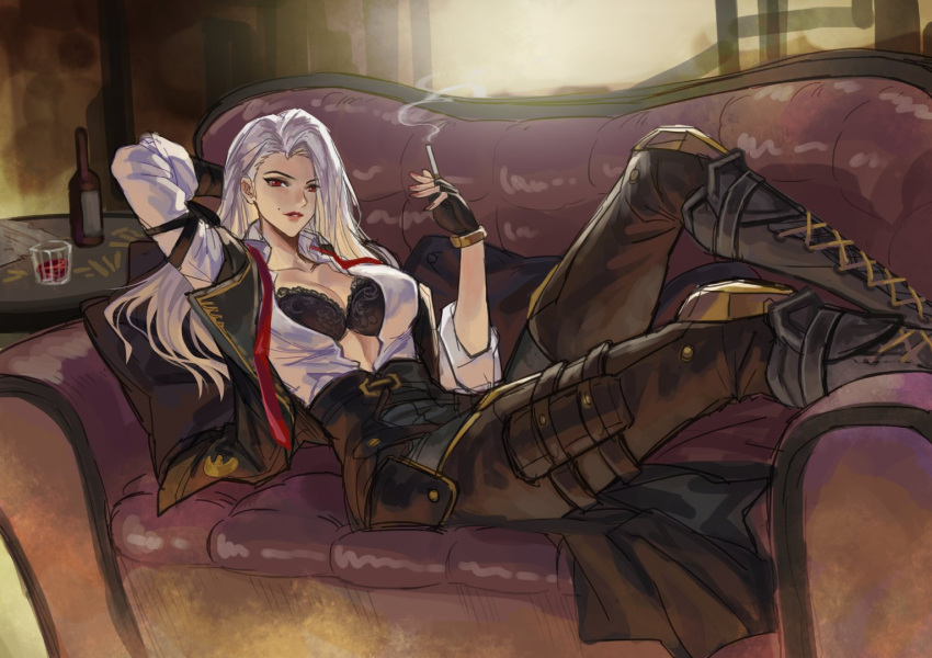 1girl arm_behind_back arm_up ashe_(overwatch) beer_bottle boots bra breasts cigarette cleavage collared_shirt corset couch cup drinking_glass holding holding_cigarette indoors jacket kacyu large_breasts lips long_hair long_sleeves looking_at_viewer lying on_back open_clothes open_shirt overwatch pants red_eyes shirt smile smoke_trail solo underwear white_hair white_shirt