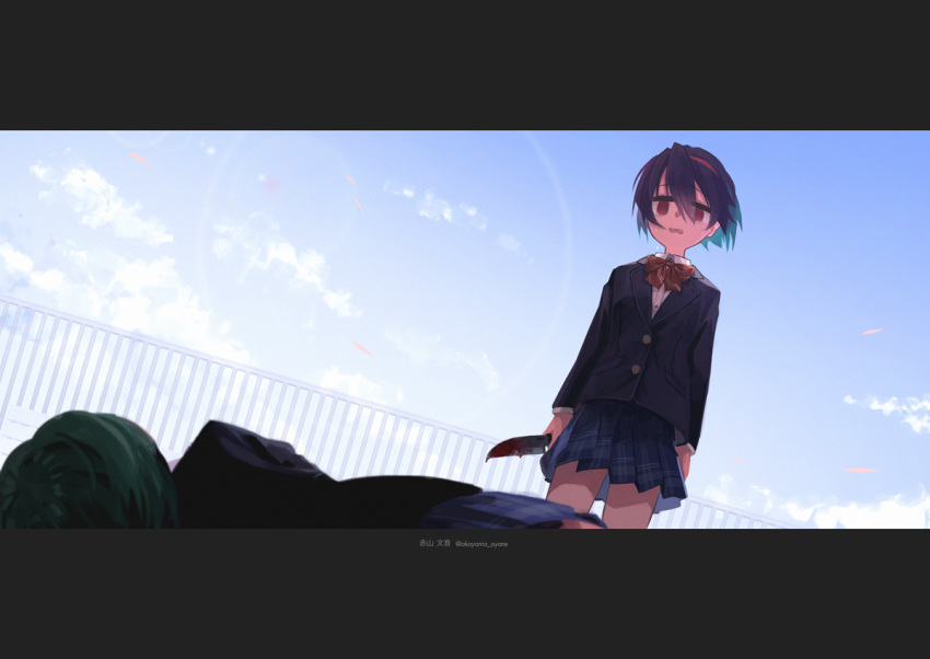 2girls akayama_ayane arms_at_sides artist_name blazer blood blood_on_knife blue_jacket blue_skirt blue_sky bow bowtie cloud cloudy_sky collared_shirt commentary_request cowboy_shot crying crying_with_eyes_open dress_shirt dutch_angle facing_away floating_hair hair_between_eyes hairband holding holding_knife jacket jikkyou_powerful_pro_yakyuu kitchen_knife knife lens_flare letterboxed long_sleeves looking_at_another lying multiple_girls murder on_ground on_side open_mouth outdoors plaid plaid_skirt pleated_skirt power_pro_kun_pocket power_pro_kun_pocket_10 purple_hair railing red_bow red_bowtie red_eyes red_hairband rooftop school_uniform shirt short_hair skirt sky standing tears twitter_username wavy_mouth white_shirt yoshizuki_sara