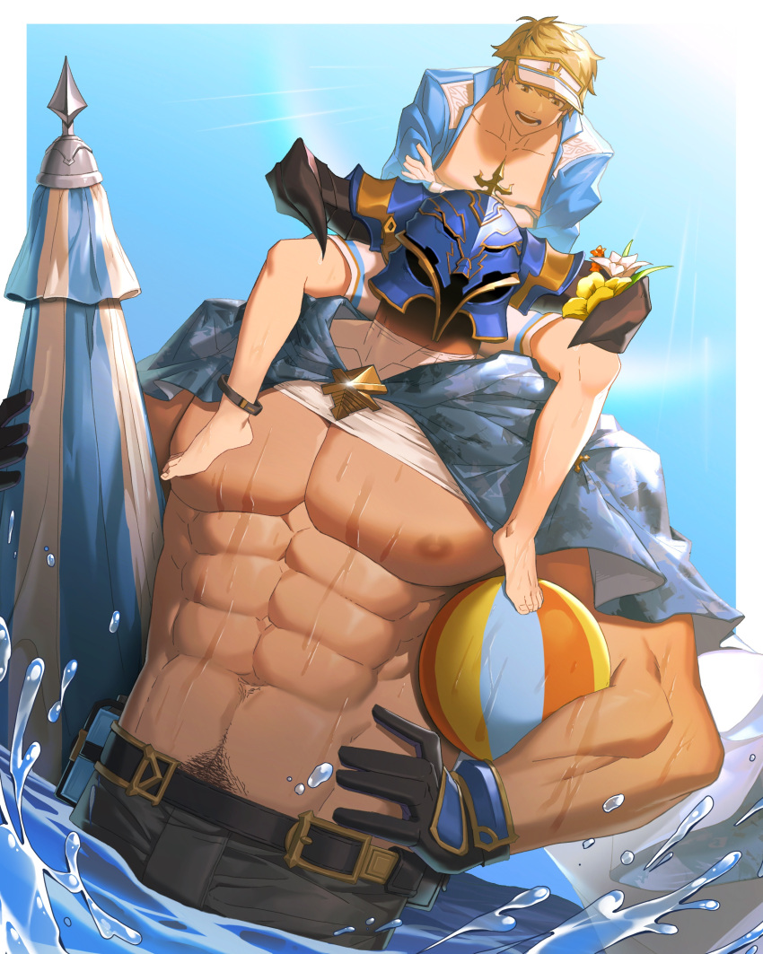 2boys abs absurdres ball bara bare_pectorals beachball belt black_belt black_gloves black_pants brown_hair day draph flower gloves gran_(granblue_fantasy) gran_(summer)_(granblue_fantasy) granblue_fantasy helmet highres holding horn_flower horns huge_pectorals male_focus male_swimwear multiple_boys muscular muscular_male navel nipples official_alternate_costume open_mouth outdoors pants parasol pectorals short_hair sky smile sparse_navel_hair splashing strongman_waist umbrella vaseraga vaseraga_(summer)_(granblue_fantasy) visor_cap water wet white_male_swimwear zhuganchangjiadan