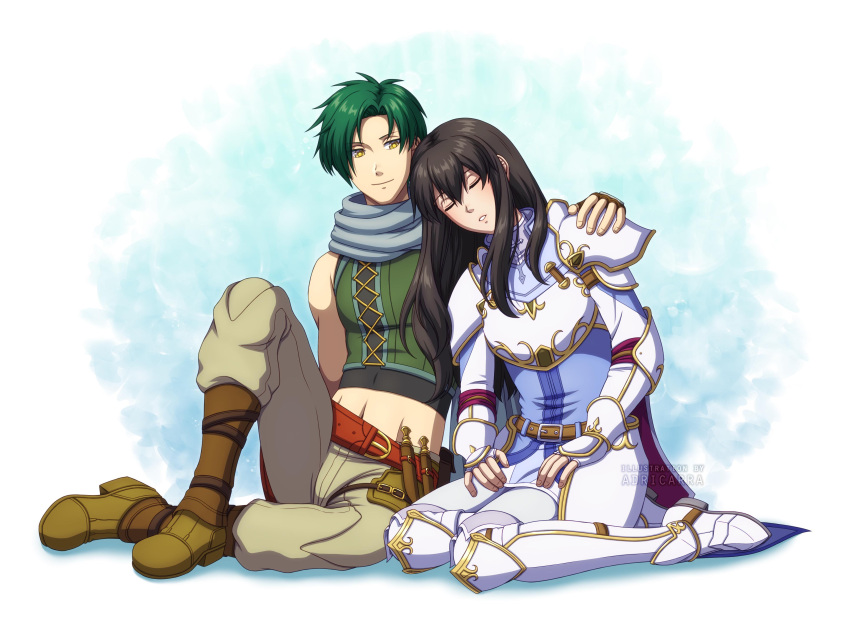 1boy 1girl absurdres adricarra armor astrid_(fire_emblem) black_hair breastplate closed_eyes commission commissioner_upload couple fire_emblem fire_emblem:_radiant_dawn full_body green_hair green_vest hand_on_another's_shoulder head_on_another's_shoulder hetero highres long_hair looking_at_another pauldrons shoulder_armor sitting sleeping smile sothe_(fire_emblem) vest yellow_eyes