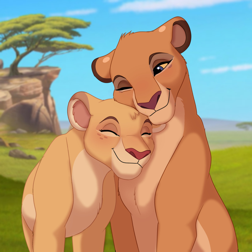 cloud disney duo eyes_closed female female/female feral grass head_on_head hi_res looking_at_another one_eye_closed plant rock sandysav sitting sky smile the_lion_guard the_lion_king tiifu_(the_lion_guard) tree zuri_(the_lion_guard)