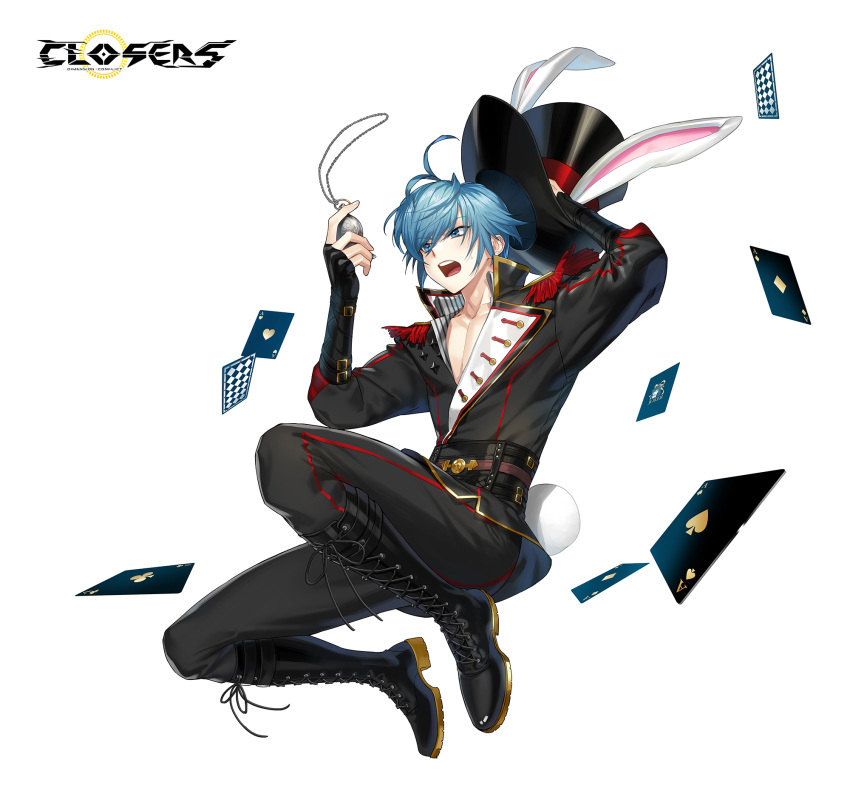 1boy ace_(playing_card) ace_of_clubs ace_of_diamonds ace_of_hearts ace_of_spades ahoge animal_ear_headwear animal_ears arm_up belt black_belt black_footwear black_gloves black_headwear black_jacket black_pants blue_eyes blue_hair boots card closers club_(shape) collarbone collared_shirt copyright_name cross-laced_footwear diamond_(shape) dress_shirt epaulettes fingerless_gloves full_body gloves hand_on_headwear hands_up hat heart highres holding holding_pocket_watch jacket joker_(playing_card) jumping knee_boots lace-up_boots legs_up logo long_sleeves looking_at_object looking_at_watch male_focus nata_(closers) official_art open_mouth pants pants_tucked_in pectoral_cleavage pectorals playing_card pocket_watch rabbit_ears rabbit_tail shirt short_hair solo spade_(shape) striped striped_shirt sweatdrop tachi-e tail teeth top_hat unworn_hat unworn_headwear upper_teeth_only v-neck v-shaped_eyebrows vertical-striped_shirt vertical_stripes watch white_background white_tail