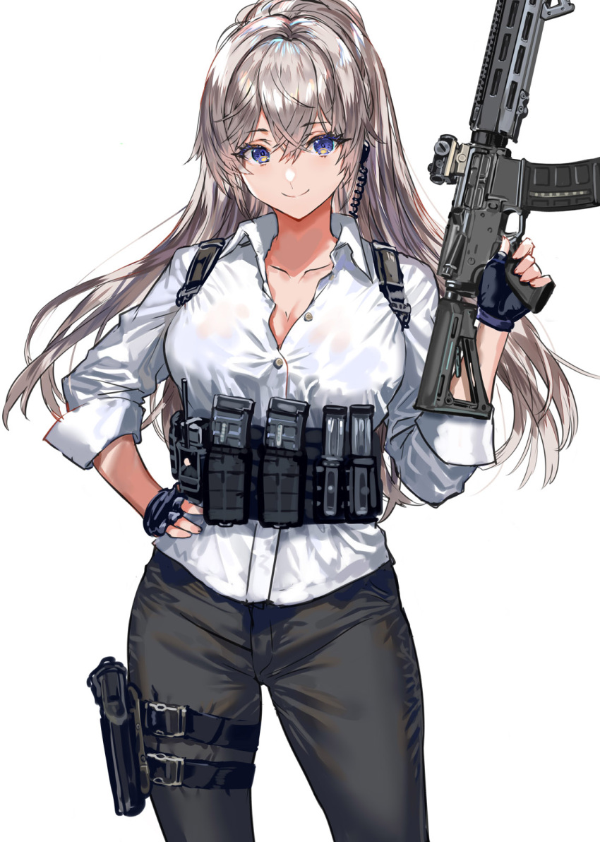 1girl belt black_belt black_pants blue_eyes blush bracelet breasts closed_mouth collared_shirt commentary_request cowboy_shot crossed_bangs grey_hair gun hand_on_own_hip hand_up highres holding holding_gun holding_weapon jewelry large_breasts long_hair long_sleeves looking_at_viewer original pants ponytail ran'ou_(tamago_no_kimi) shirt simple_background smile solo weapon white_background white_shirt