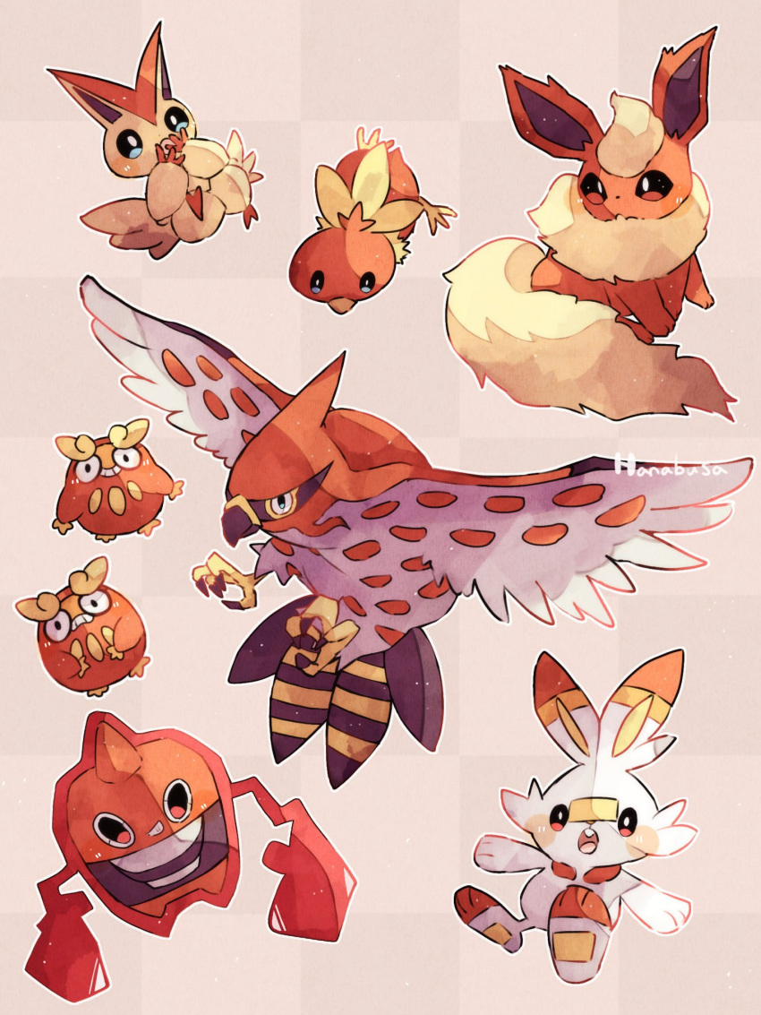 :o animal_focus artist_name beak bird blue_eyes commentary_request darumaka flareon hanabusaoekaki highres no_humans orange_fur pokemon pokemon_(creature) rabbit red_background red_eyes rotom rotom_(heat) scorbunny solid_oval_eyes tail talonflame talons torchic victini white_fur wide_oval_eyes