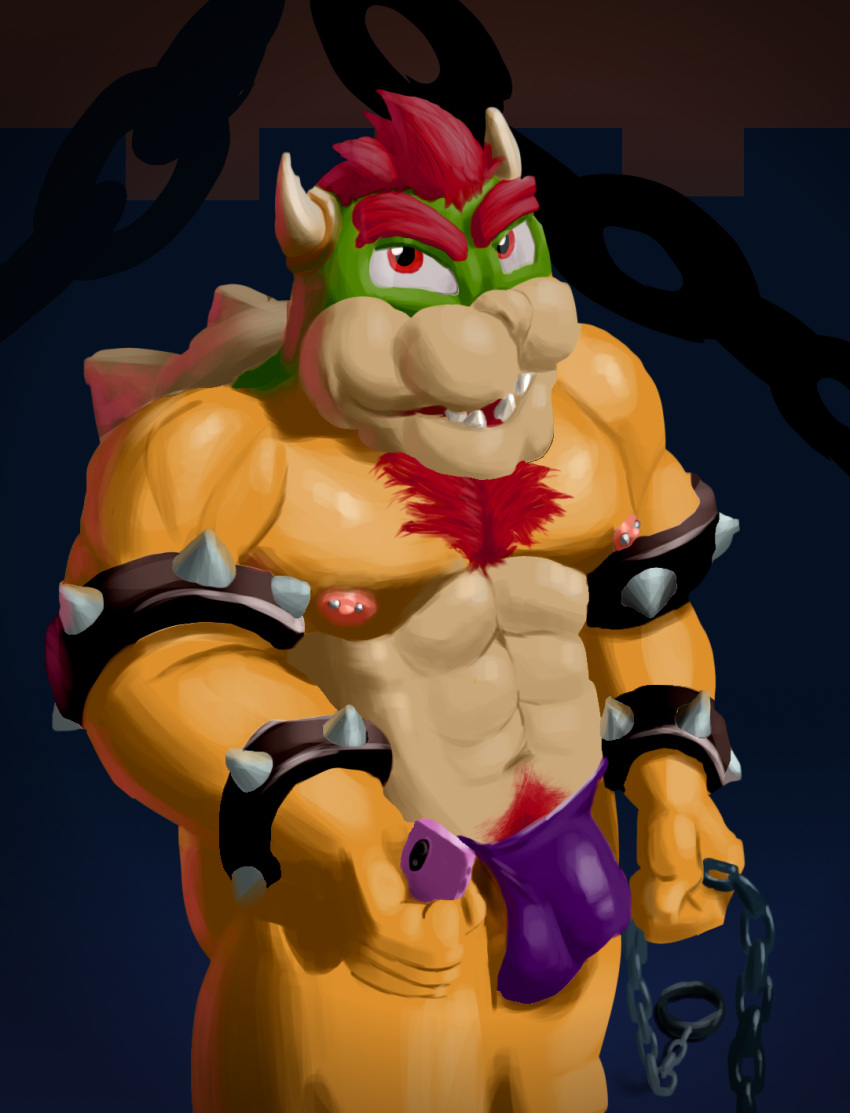 biceps body_hair bowser bowser_day chain chain_leash chest_hair chest_tuft clothing collar cuffs_(clothing) hair hi_res koopaling ks_simp_(artist) leash looking_at_viewer male male/male mario_bros musclegut muscular muscular_male nintendo nipple_piercing nipples pecs phone piercing pink_nipples red_eyes red_hair reptile scalie solo speedo spikes swimwear tuft