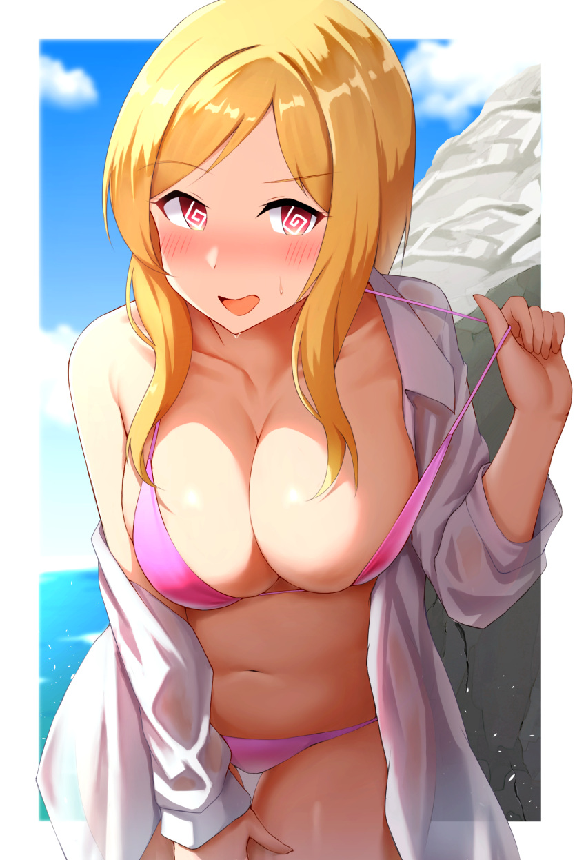 1girl @_@ bikini blonde_hair blue_sky blush border breasts cleavage cloud collarbone collared_shirt commentary_request cowboy_shot day halterneck hand_on_own_thigh hand_up highres horizon idolmaster idolmaster_million_live! karua_(karua23) large_breasts leaning_forward lifted_by_self long_hair long_sleeves looking_at_viewer momose_rio navel nose_blush ocean off_shoulder open_mouth outdoors outside_border pink_bikini pink_eyes raised_eyebrow rock see-through shirt sidelocks single_bare_shoulder sky solo standing stomach strap_lift sweatdrop swept_bangs swimsuit swimsuit_cover-up thigh_gap wet wet_clothes wet_shirt white_border white_shirt