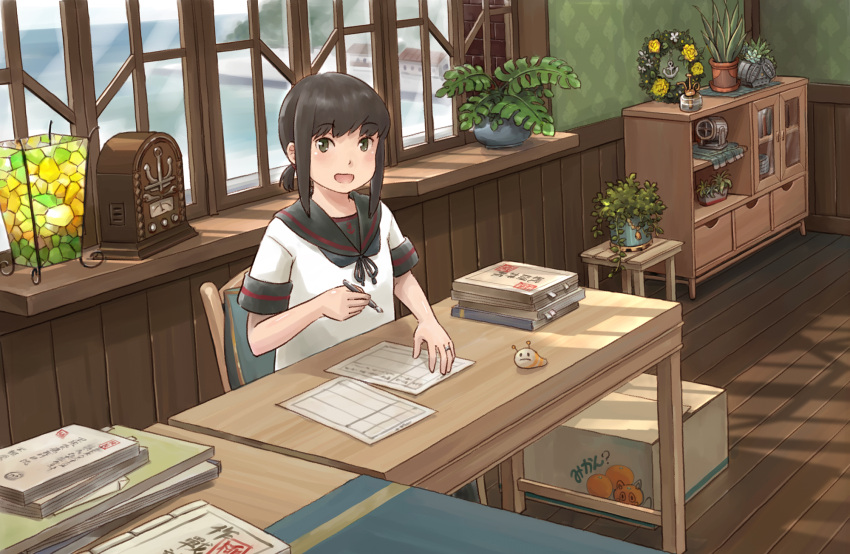 1girl :d black_hair black_sailor_collar box cardboard_box caterpillar chair desk encyclopedia_caterpillar fubuki_(kancolle) fubuki_kai_ni_(kancolle) green_eyes highres holding holding_pen indoors kantai_collection karasu_(naoshow357) looking_at_viewer low_ponytail nib_pen_(object) pen radio sailor_collar school_uniform serafuku short_ponytail short_sleeves sitting smile solo