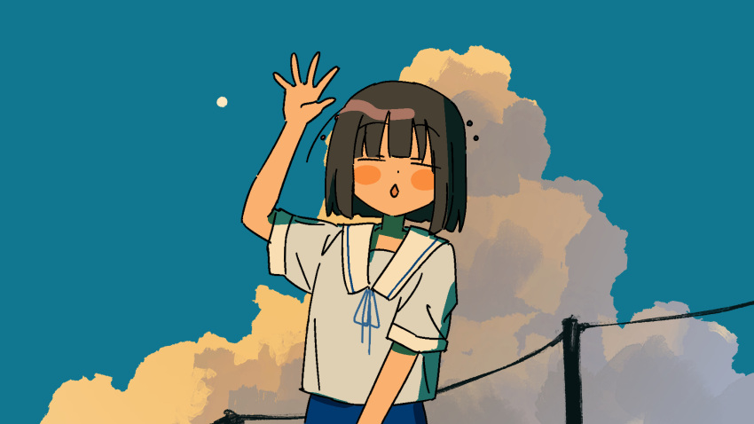 1girl arm_up beads blue_ribbon blue_sky blunt_bangs blush_stickers bob_cut brown_hair closed_eyes cloud commentary_request diamond_mouth facing_viewer full_moon hair_beads hair_ornament highres moon moon_in_daylight neck_ribbon open_mouth original outdoors ozu_(oz_yarimasu) power_lines raised_eyebrows ribbon sailor_collar shirt short_sleeves sky solo summer_uniform twilight upper_body utility_pole waving white_sailor_collar white_shirt