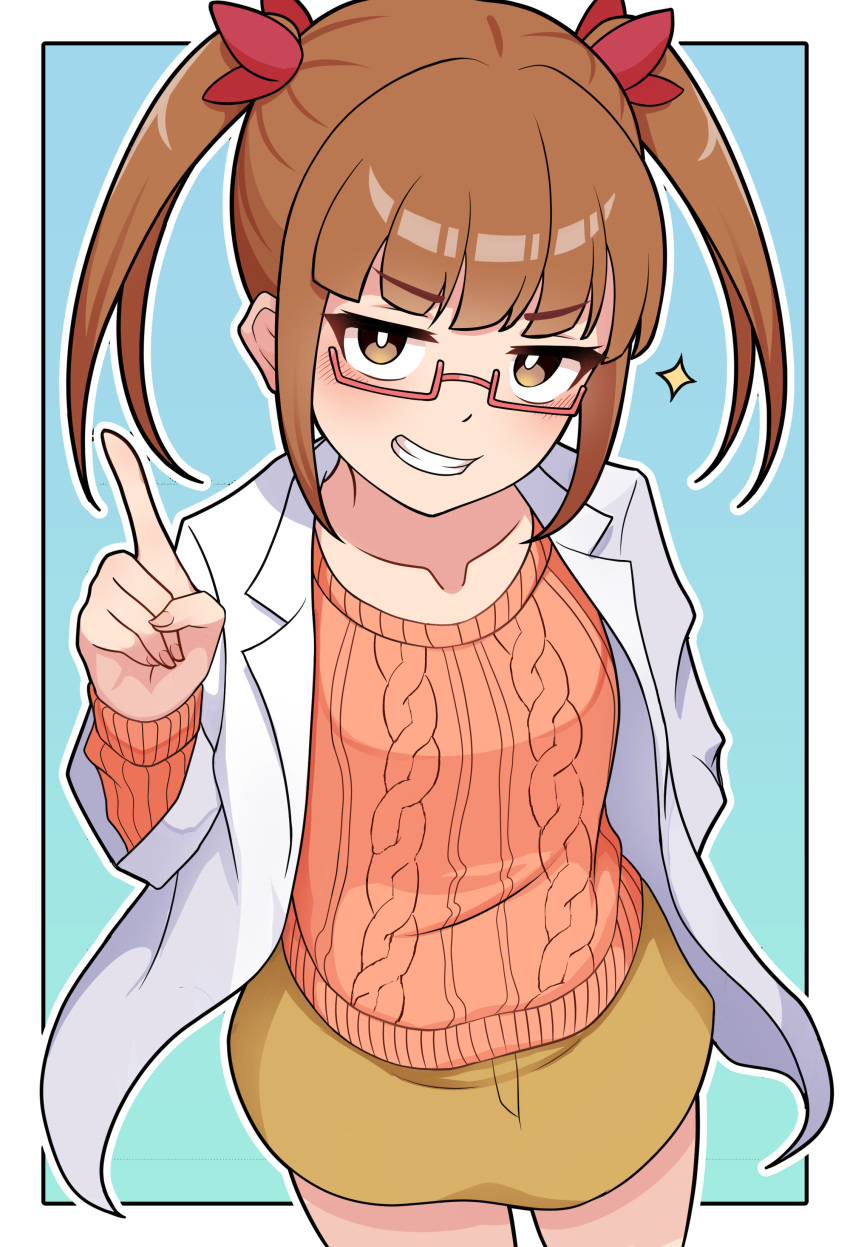 1girl absurdres blue_background blush brown_eyes brown_hair cable_knit glasses grin hand_in_pocket highres idolmaster idolmaster_cinderella_girls ikebukuro_akiha index_finger_raised kumada_gaon lab_coat long_sleeves looking_at_viewer semi-rimless_eyewear simple_background skirt smile solo standing twintails yellow_skirt