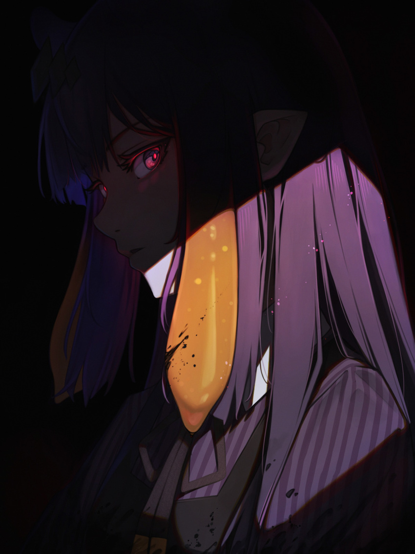 1girl absurdres blood blood_in_hair blood_on_clothes dress glowing glowing_eyes gradient_hair highres hololive hololive_english j4ngaro looking_at_viewer multicolored_hair ninomae_ina'nis ninomae_ina'nis_(2nd_costume) official_alternate_costume orange_hair parted_lips pointy_ears purple_dress purple_eyes purple_hair solo tentacle_hair virtual_youtuber