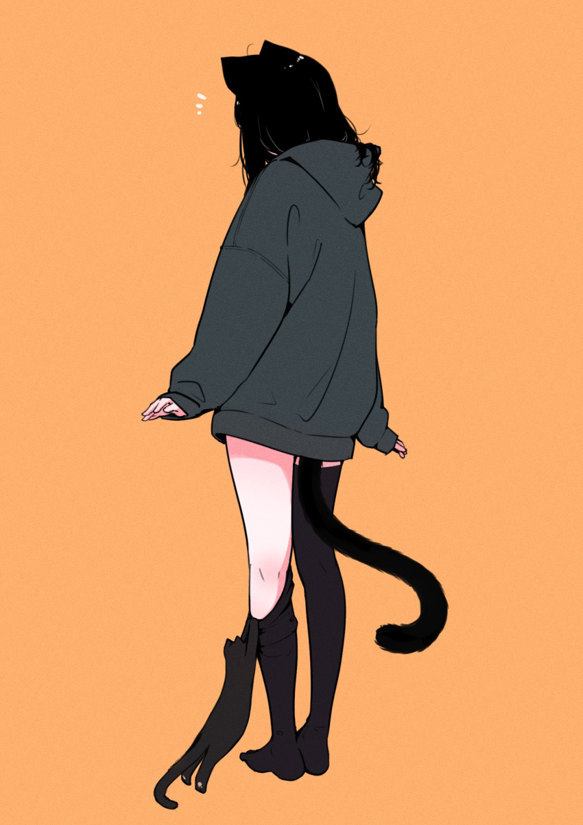 1girl animal_ear_fluff animal_ears black_cat black_hair black_hoodie black_thighhighs cat cat_ears cat_girl cat_tail commentary_request facing_away from_behind full_body highres hood hood_down hoodie long_hair long_sleeves megateru no_shoes notice_lines orange_background original puffy_long_sleeves puffy_sleeves pulled_by_another simple_background sleeves_past_wrists solo standing tail thighhighs thighhighs_pull