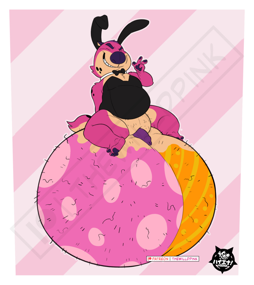 anthro balls big_balls bunny_costume clothing costume genitals hi_res huge_balls hyena hyper hyper_balls hyper_genitalia jeffrey_taggart male mammal solo thewilldpink