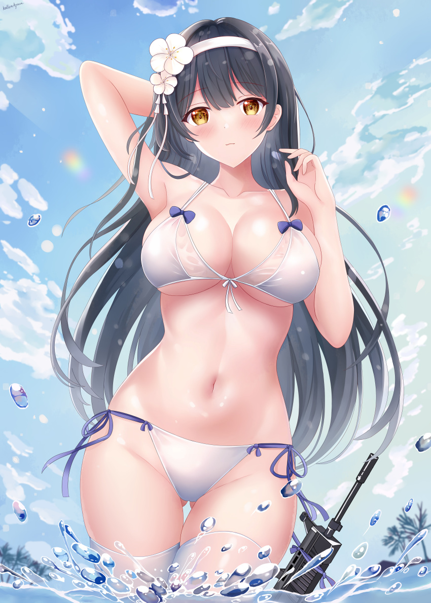 1girl absurdres arm_behind_head arm_up ass_visible_through_thighs bikini black_hair blue_sky blush breasts chinese_commentary cleavage closed_mouth cloud cloudy_sky commentary_request cowboy_shot day flower front-tie_bikini_top front-tie_top girls'_frontline gun hair_flower hair_ornament hairband halterneck highres kallen_ayase large_breasts light_smile long_hair looking_at_viewer navel outdoors side-tie_bikini_bottom sky solo splashing standing swimsuit thigh_gap type_95_(girls'_frontline) very_long_hair wading water water_drop weapon white_bikini white_flower white_hairband yellow_eyes