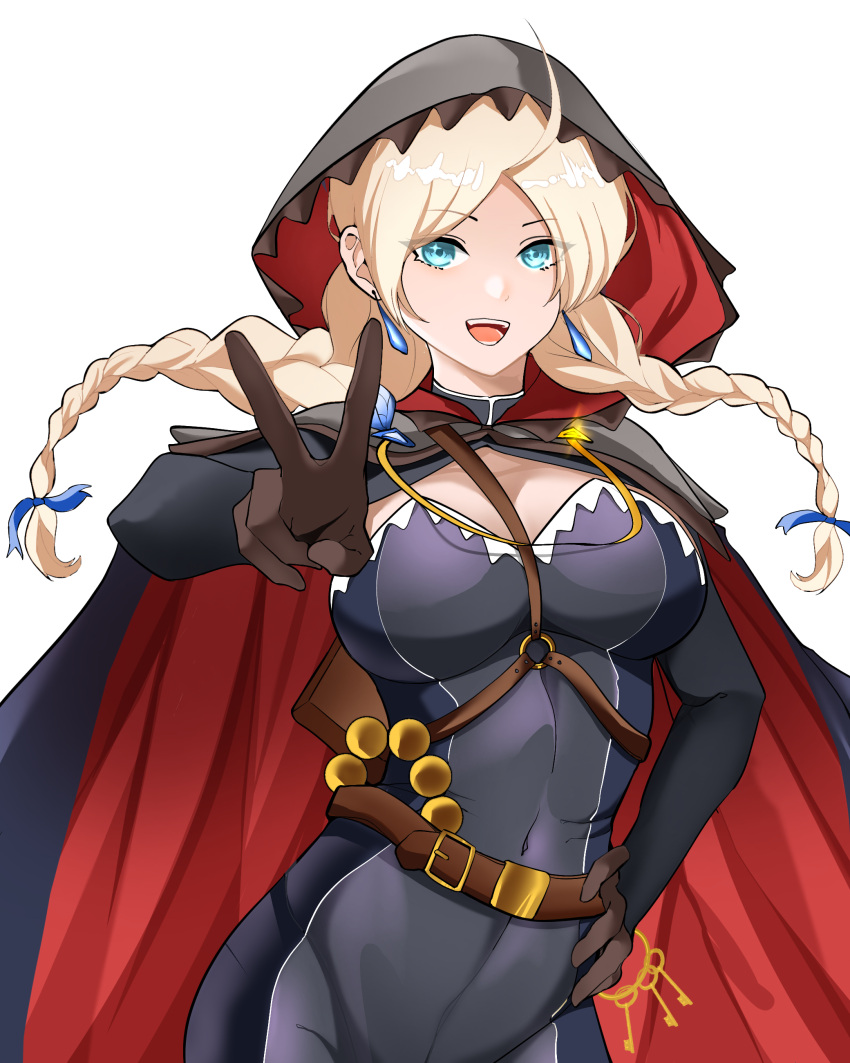 1girl absurdres ahoge belt blue_bodysuit blue_brooch blue_eyes blue_feathers blue_ribbon bodysuit braid breasts cape chain commission commissioner_upload crystal_earrings earrings feathers fire_emblem fire_emblem_fates fire_emblem_heroes gindaagi gold_chain hair_ribbon highres hood hood_up hooded_cape jewelry key keyring leather_belt low_twin_braids medium_breasts nina_(fire_emblem) nina_(thief)_(fire_emblem) non-web_source o-ring official_alternate_costume open_mouth parted_bangs ribbon skin_tight smile teeth turtleneck twin_braids two-tone_cape upper_teeth_only v