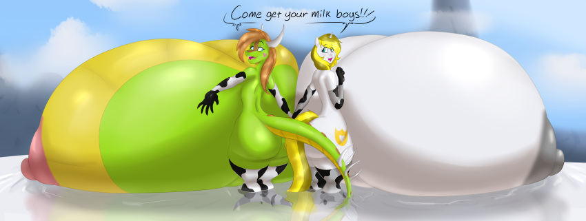 2017 absurd_res angela_(badgerben) animal_print anthro areola armwear big_breasts biped blonde_hair blue_eyes blues64 bodily_fluids breasts brown_hair clothing cow_print cow_print_elbow_gloves cow_print_thighhighs dialogue dragon duo elbow_gloves english_text equid equine female gloves grey_areola grey_nipples hair handwear hi_res horn huge_breasts hyper hyper_breasts lactating legwear mammal marauder6272 milk nipples open_mouth outside print_armwear print_clothing print_elbow_gloves print_gloves print_handwear print_legwear print_thigh_highs scalie text thigh_highs unicorn white_heart_(oc) white_horn wingless_dragon