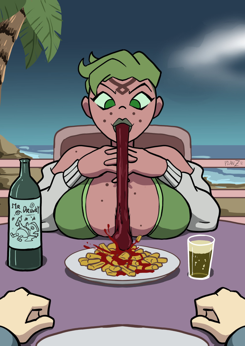 absurd_res alien amphibian attea beach ben_10 big_breasts breasts cartoon_network disguise duo female first_person_view food freckles green_eyes green_lipstick hi_res humanoid incursean lipstick long_tongue makeup male male/female planz34 seaside tongue