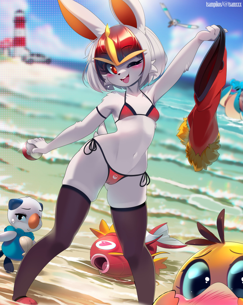 &lt;3 &lt;3_eyes absurd_res anthro bikini camel_toe cinderace clothing female fish fur generation_1_pokemon generation_5_pokemon generation_8_pokemon hair hi_res lagomorph legwear lighthouse long_ears magikarp mammal marine nintendo oshawott pokeball pokemon pokemon_(species) sea skindentation smile solo stockings swimwear thigh_highs tsampikos water white_body white_fur white_hair